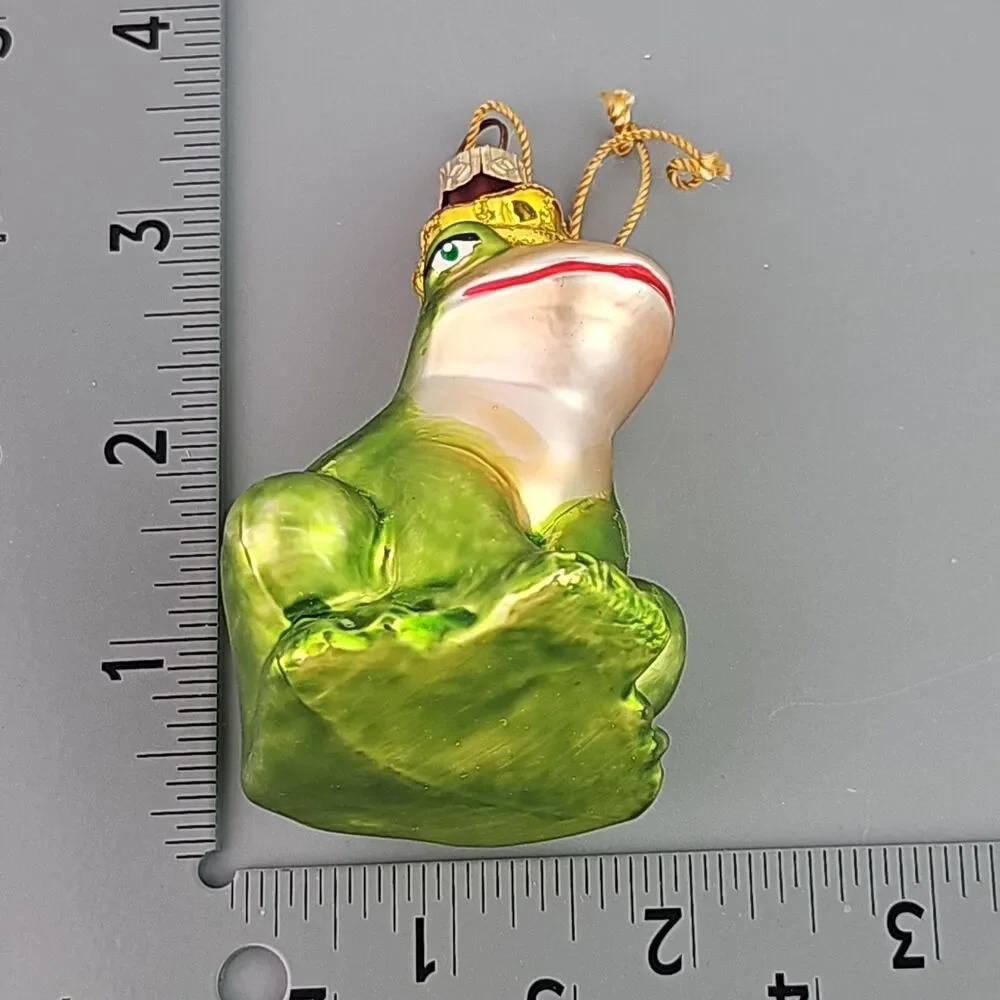 Blown Glass Frog Christmas Ornament Light Green Crown 3 inch